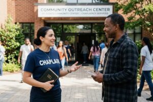 Middle Eastern female licensed chaplain speaking with African American male community member during outdoor ministry conversation