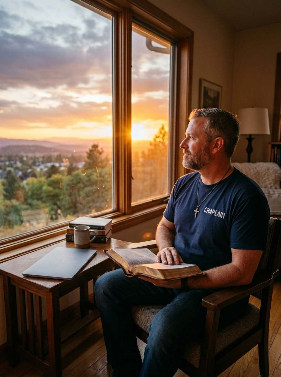Chaplain reflecting with Bible and laptop at sunset wearing chaplain shirt