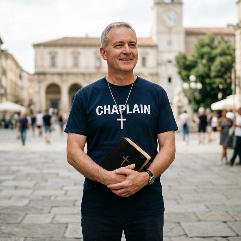 Male chaplain standing confidently with Bible wearing CHAPLAIN shirt and cross necklace