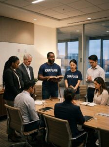 Chaplain in CHAPLAIN shirt leading prayer with business team holding Bible