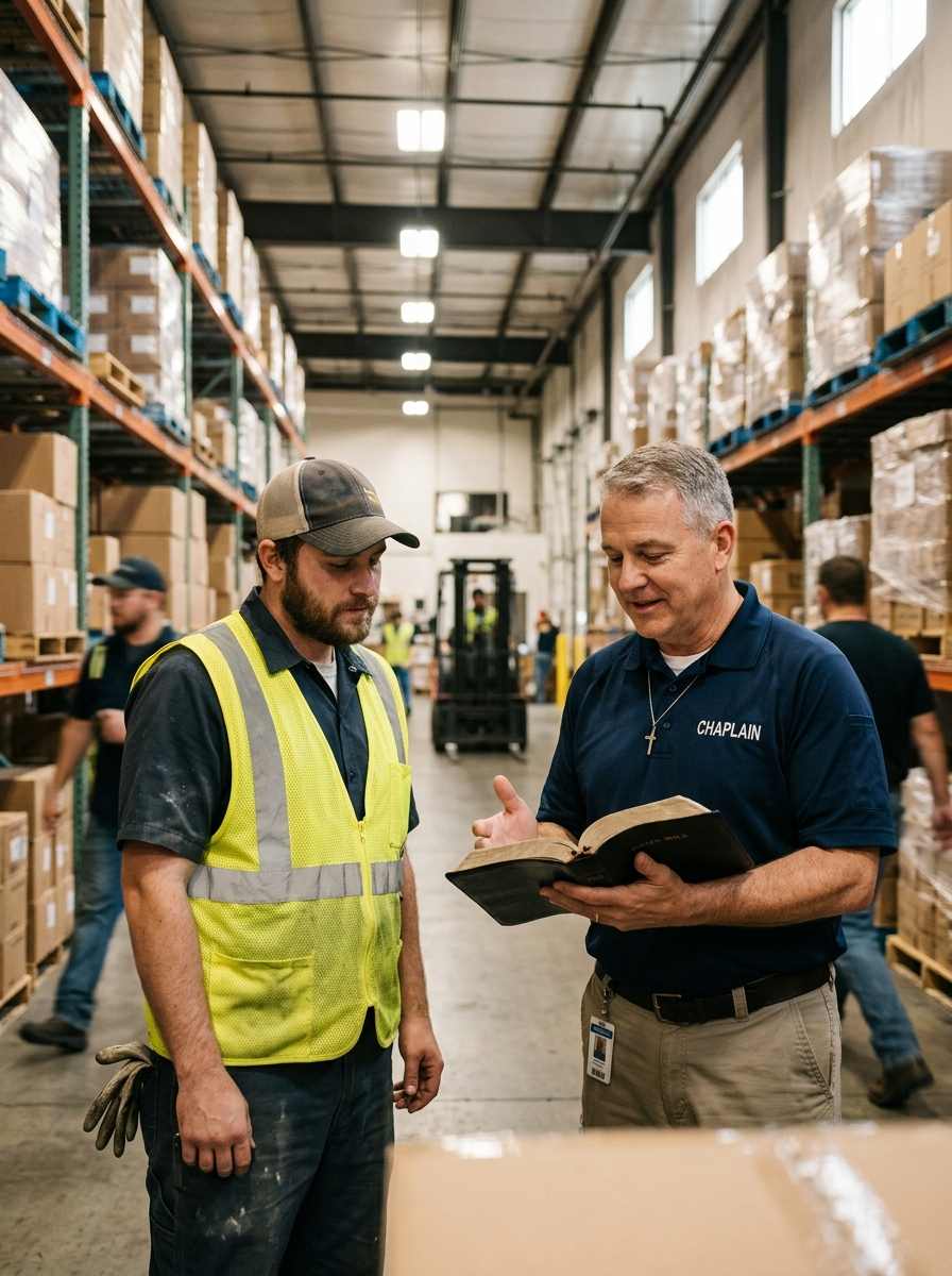 Chaplain in navy CHAPLAIN shirt reading Bible with worker in workplace