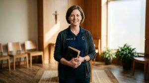 Chaplain standing in a quiet chapel holding a Bible, with a cross visible in the background.