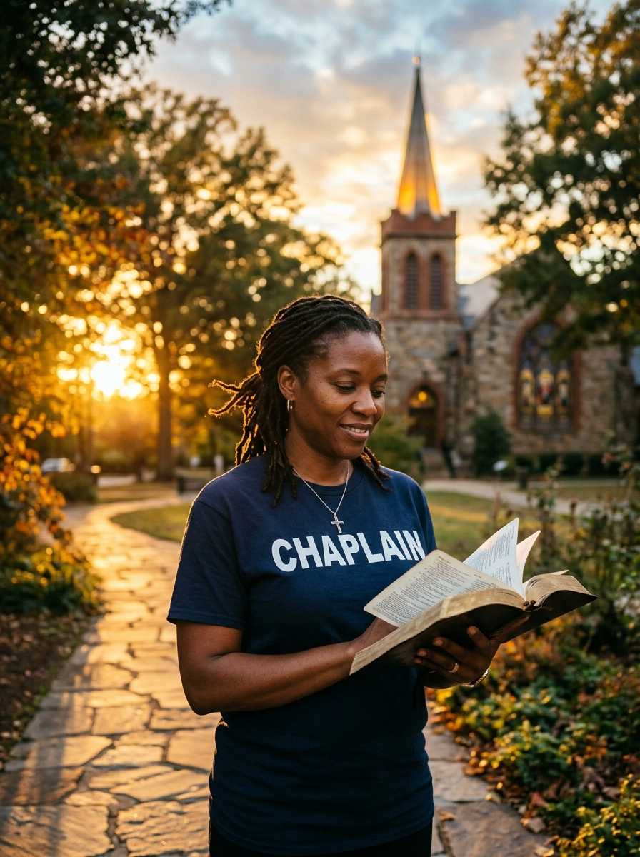 Chaplain reading Bible outdoors at sunset wearing CHAPLAIN shirt and cross necklace