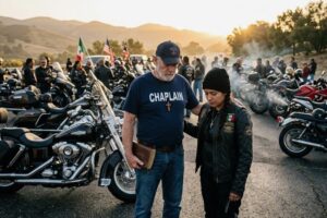 Motorcycle chaplain praying with rider before group motorcycle ride offering spiritual care and encourage