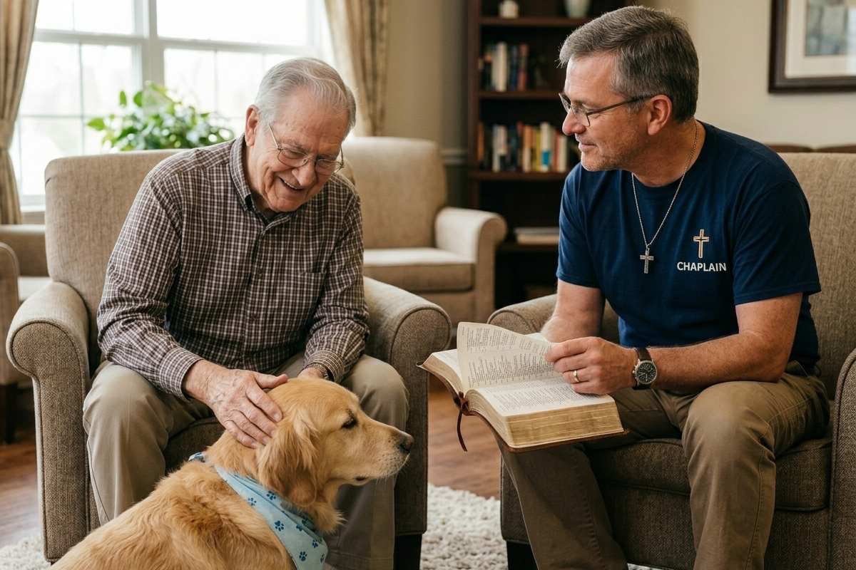 Male chaplain wearing navy “CHAPLAIN” shirt reading from Bible while therapy dog comforts elderly man during pet chaplain visit.