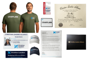 Expanded chaplain kit featuring certificate, ID card, parking permit, hats, letter of good standing, chaplain shirt, and presentation folder.