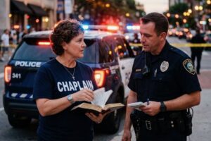 Police chaplain praying with officer beside patrol vehicle