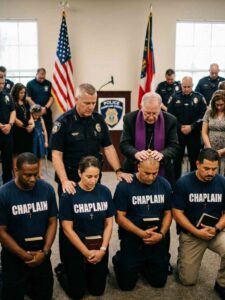 Diverse male and female police chaplain candidates wearing “CHAPLAIN” t-shirts and cross necklaces hold Bibles while receiving prayer during a police chaplain ordination and commissioning ceremony with officers observing.