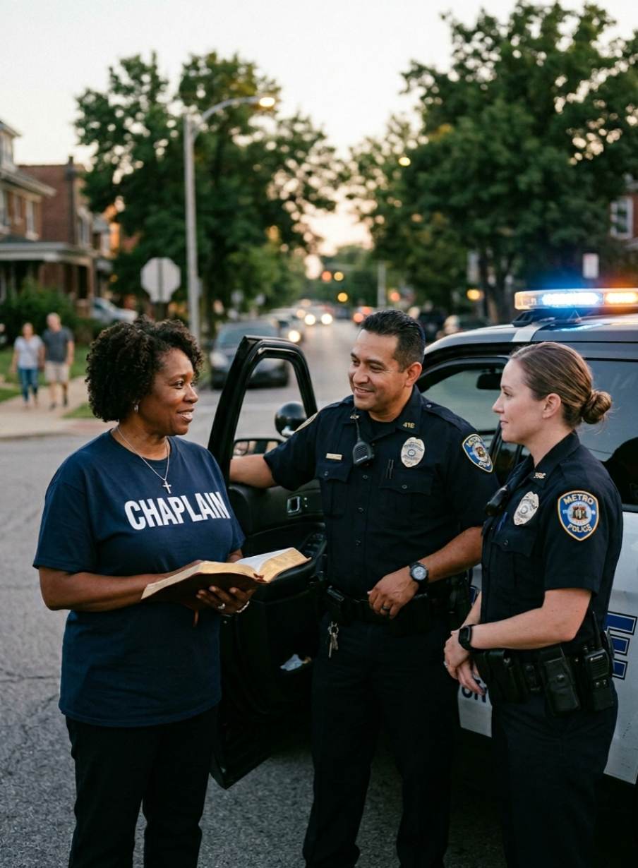 Female police chaplain wearing a “CHAPLAIN” t-shirt and cross necklace holds a Bible while speaking with officers beside a patrol vehicle during a supportive ride-along moment.