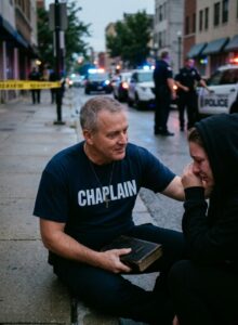 Male police chaplain wearing a “CHAPLAIN” t-shirt and cross necklace offers emotional support while holding a Bible during a community police response scene.