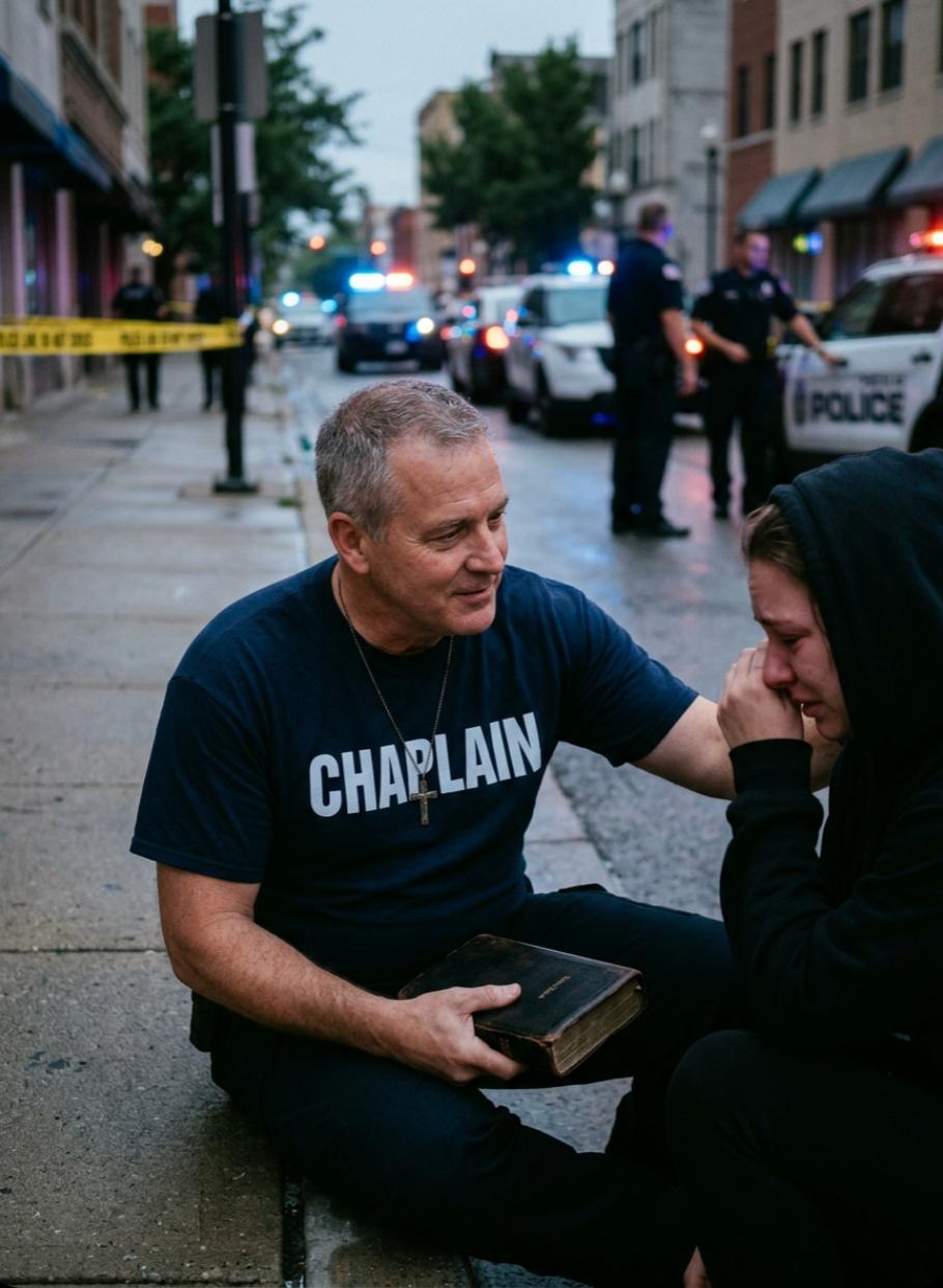 Male police chaplain wearing a “CHAPLAIN” t-shirt and cross necklace offers emotional support while holding a Bible during a community police response scene.