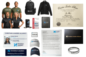 Comprehensive chaplain kit with apparel, backpack, jacket, certificate, ID card, coffee, notebook, parking permit, and ministry accessories.