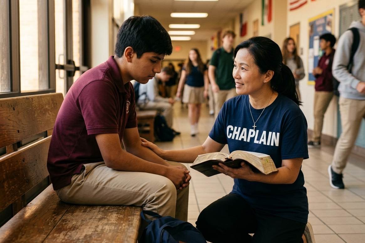 School chaplain praying with student in school hallway providing spiritual encouragement and pastoral care