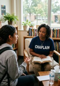Public school chaplain meeting one-on-one with student while holding a Bible.