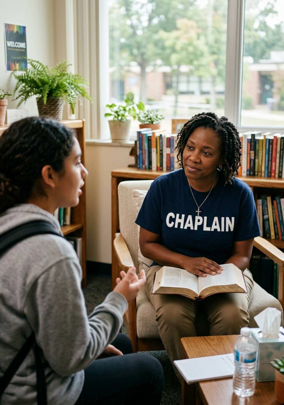 Public school chaplain meeting one-on-one with student while holding a Bible.