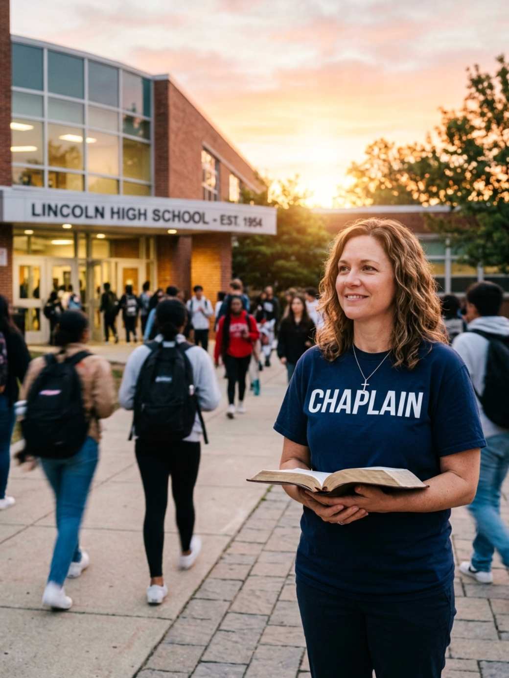 Public school chaplain standing outside school holding a Bible and welcoming students.