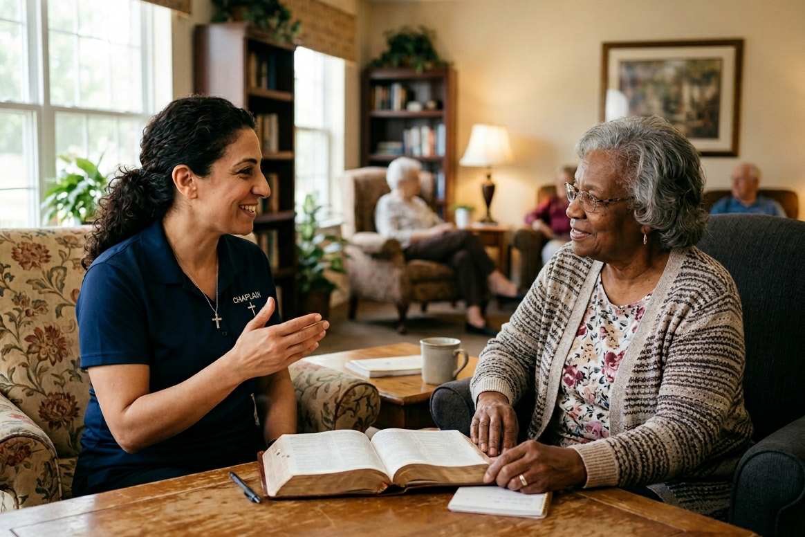 Female Middle Eastern chaplain visiting senior resident in assisted living lounge.