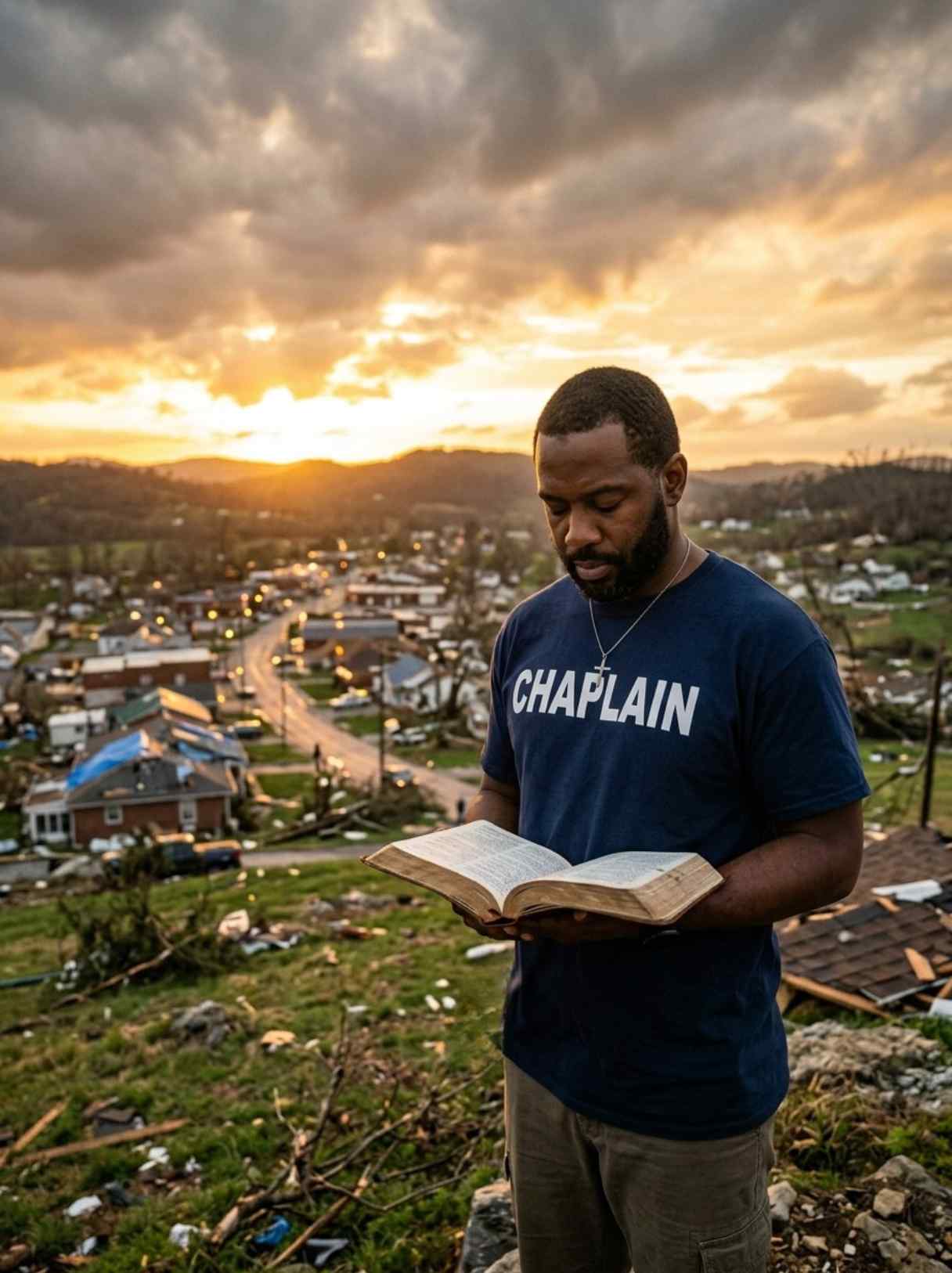 Black male disaster chaplain wearing CHAPLAIN shirt holding Bible at sunrise after storm