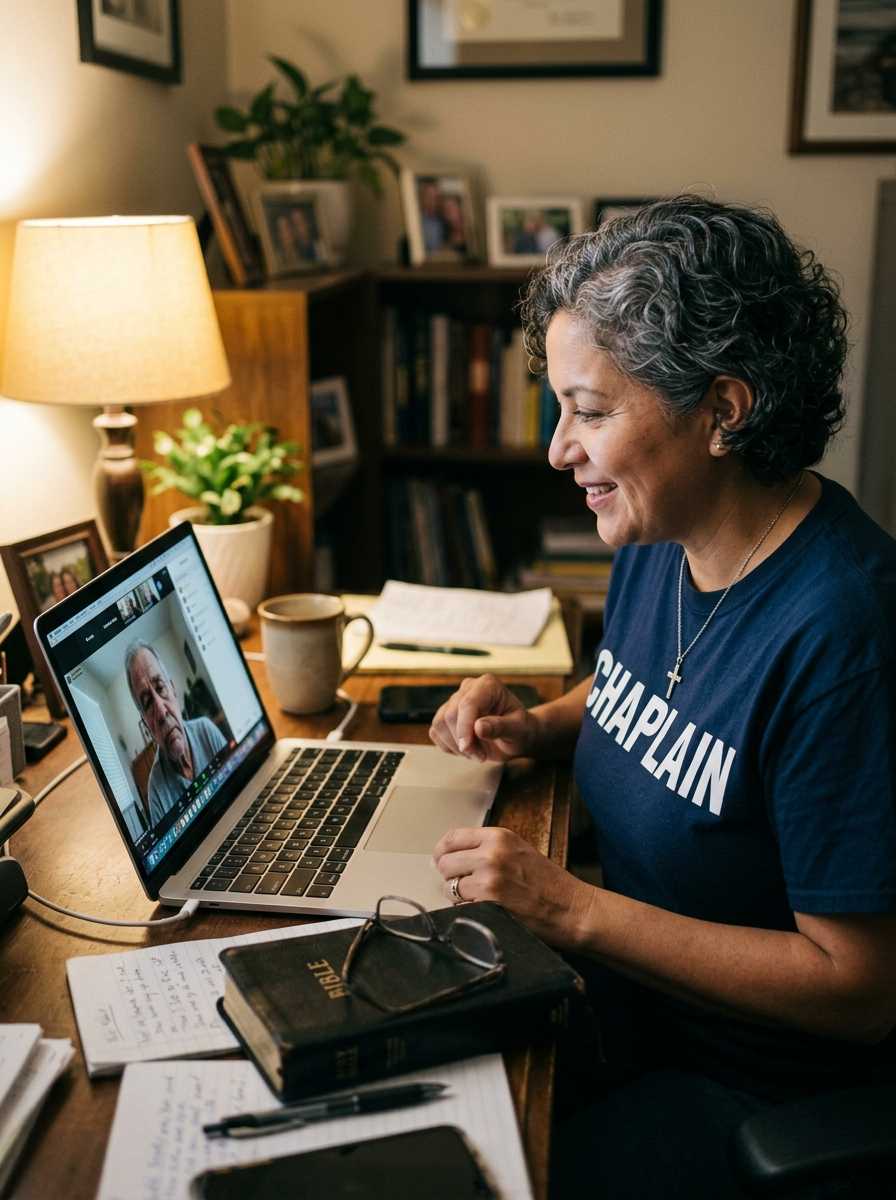 Chaplain counseling someone through video call with Bible and chaplain shirt