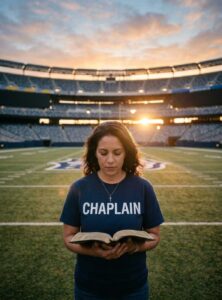 Female sports chaplain praying on an empty football field at sunrise wearing a navy CHAPLAIN shirt and holding a Bible.