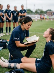 Female sports chaplain praying with an injured athlete on the sideline while holding a Bible and wearing a navy CHAPLAIN shirt.