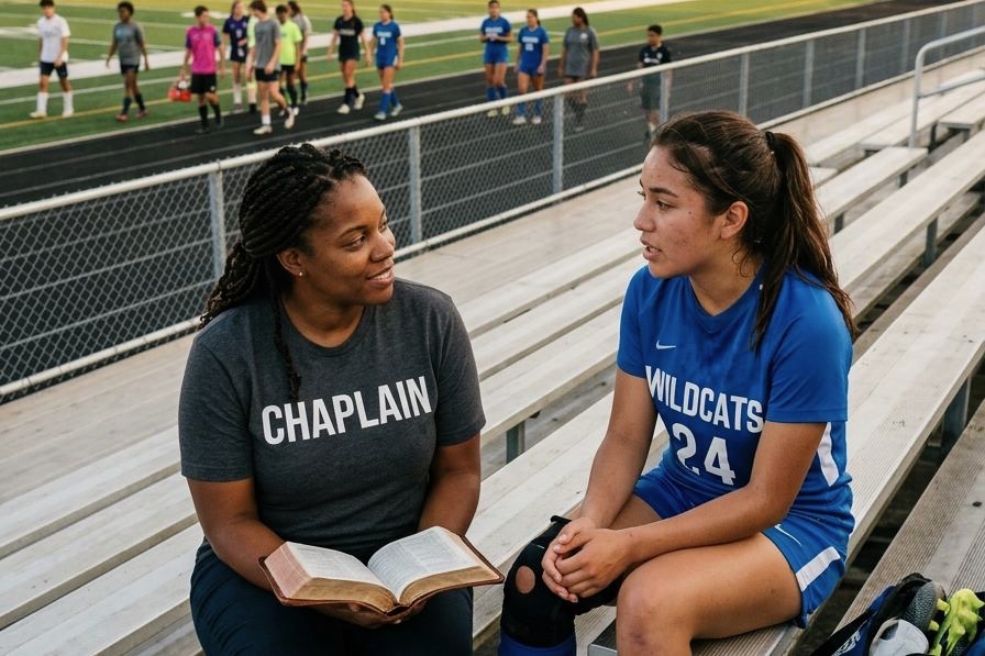 Sports chaplain counseling female athlete on stadium bleachers offering spiritual encouragement after practice