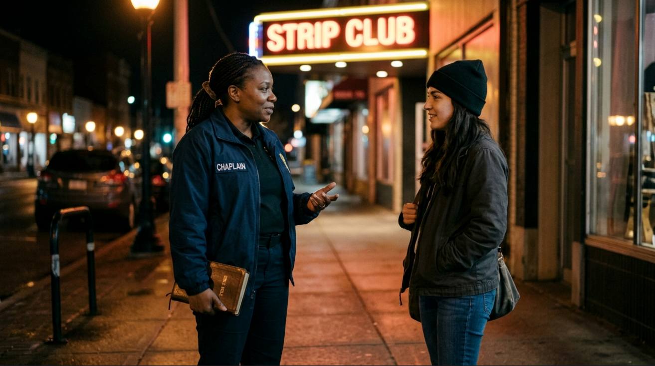 Chaplain speaking with a young woman on a city sidewalk at night outside a strip club, offering conversation and support.
