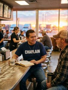 Truck stop chaplain sharing conversation and Bible encouragement over coffee