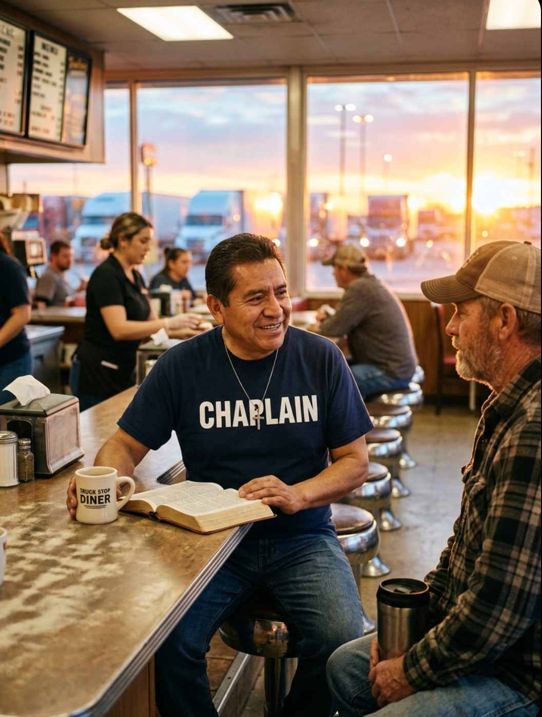Truck stop chaplain sharing conversation and Bible encouragement over coffee
