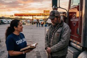female truck stop chaplain praying with truck driver at sunset