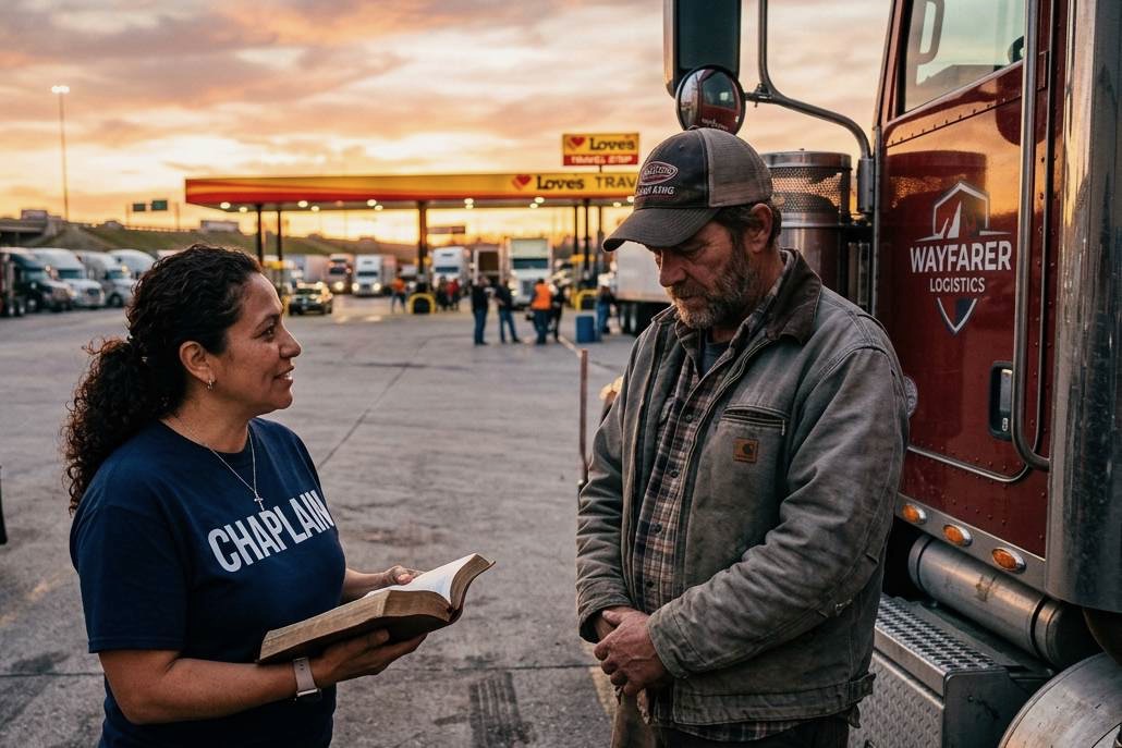 female truck stop chaplain praying with truck driver at sunset