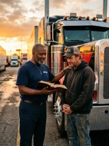Black male truck stop chaplain praying with a truck driver beside a semi truck at sunset