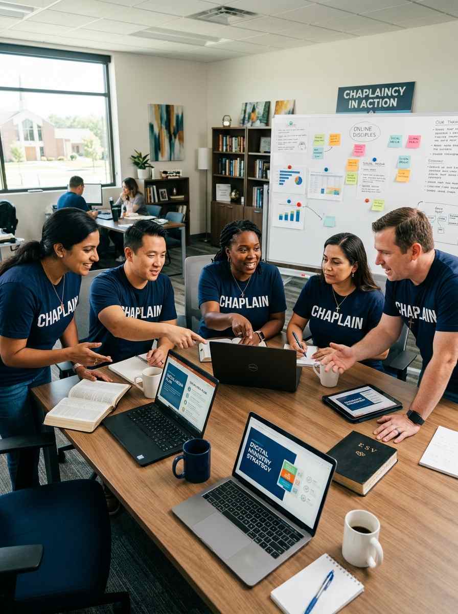 Diverse group of chaplains in chaplain shirts collaborating online ministry