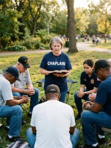 Female veterans chaplain leading a prayer circle with military veterans while holding a Bible and wearing a CHAPLAIN shirt.