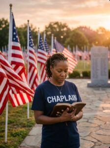 Veterans chaplain reflecting at sunset near a memorial while holding a Bible and wearing a CHAPLAIN shirt.