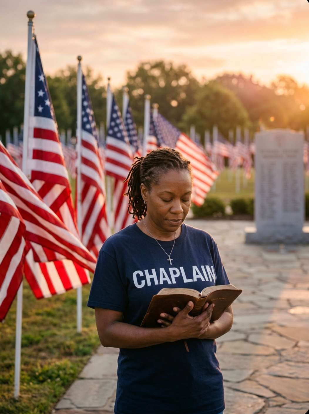 Veterans chaplain reflecting at sunset near a memorial while holding a Bible and wearing a CHAPLAIN shirt.