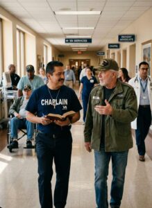 Veterans chaplain walking with a military veteran in a hospital hallway holding a Bible and wearing a CHAPLAIN shirt.