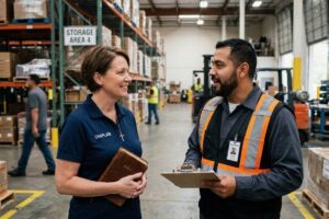 Female Asian marketplace chaplain talking with male construction worker employee.