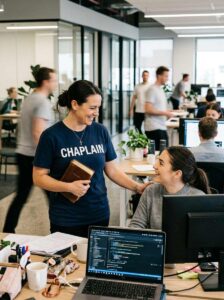 Chaplain wearing CHAPLAIN shirt talking with employee in office holding Bible