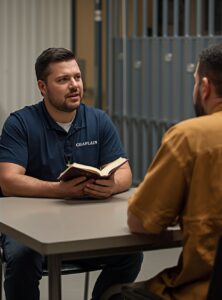 Male Christian corrections chaplain wearing navy "CHAPLAIN" t-shirt and cross necklace holding a Bible while counseling incarcerated individual in prison visitation room