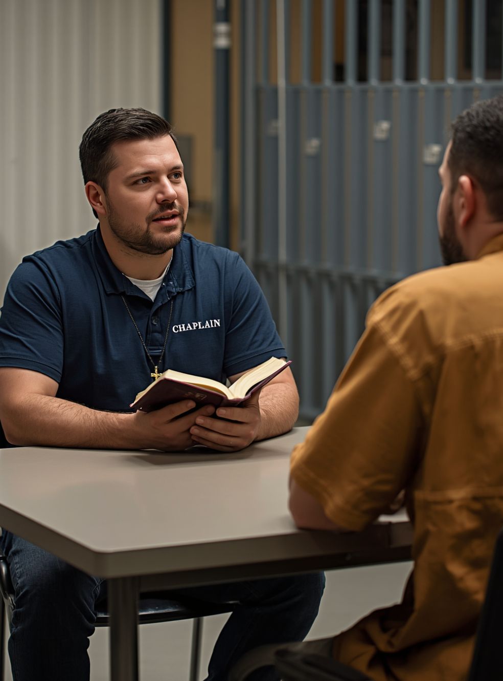 Male Christian corrections chaplain wearing navy "CHAPLAIN" t-shirt and cross necklace holding a Bible while counseling incarcerated individual in prison visitation room