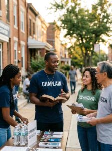 Male community chaplain leading a small volunteer outreach discussion while holding a Bible and wearing a navy CHAPLAIN shirt