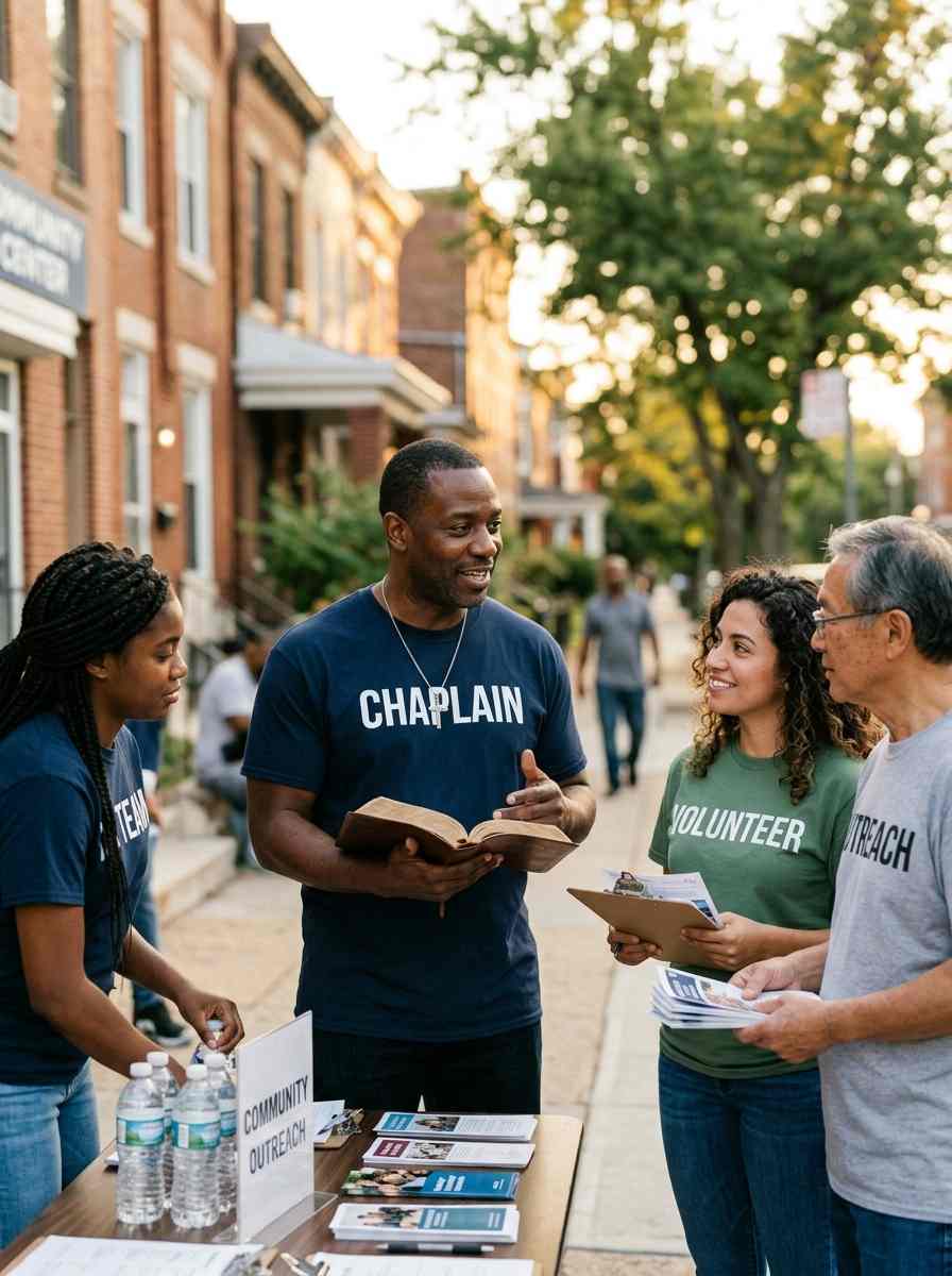 Male community chaplain leading a small volunteer outreach discussion while holding a Bible and wearing a navy CHAPLAIN shirt