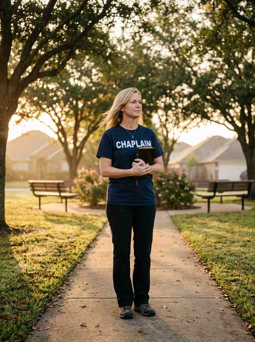 Female community chaplain standing in a neighborhood park at sunrise holding a Bible while wearing a navy CHAPLAIN shirt and cross necklace