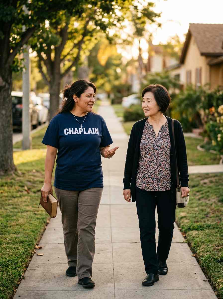 Mexican female community chaplain walking beside a community member while holding a Bible and wearing a navy CHAPLAIN shirt