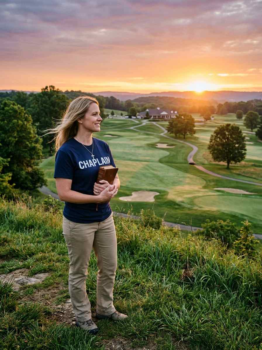 Female chaplain standing on golf course holding Bible wearing CHAPLAIN shirt