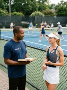 Female country club chaplain speaking with tennis player near court while holding Bible