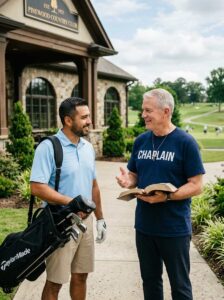 Male country club chaplain speaking with golfer holding clubs in front of clubhouse