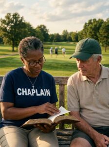 Female chaplain reading Bible with male club member seated outdoors