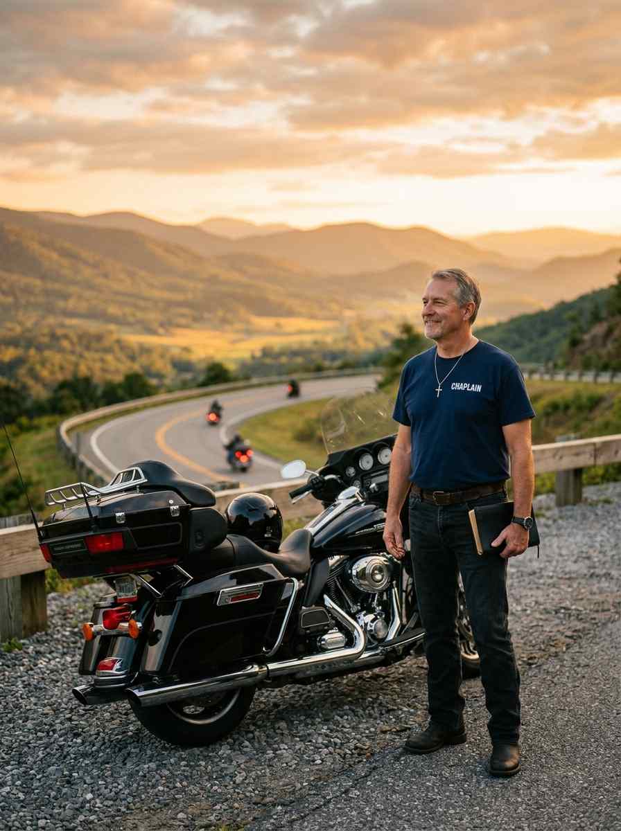 Male motorcycle chaplain standing beside motorcycle holding Bible at sunrise